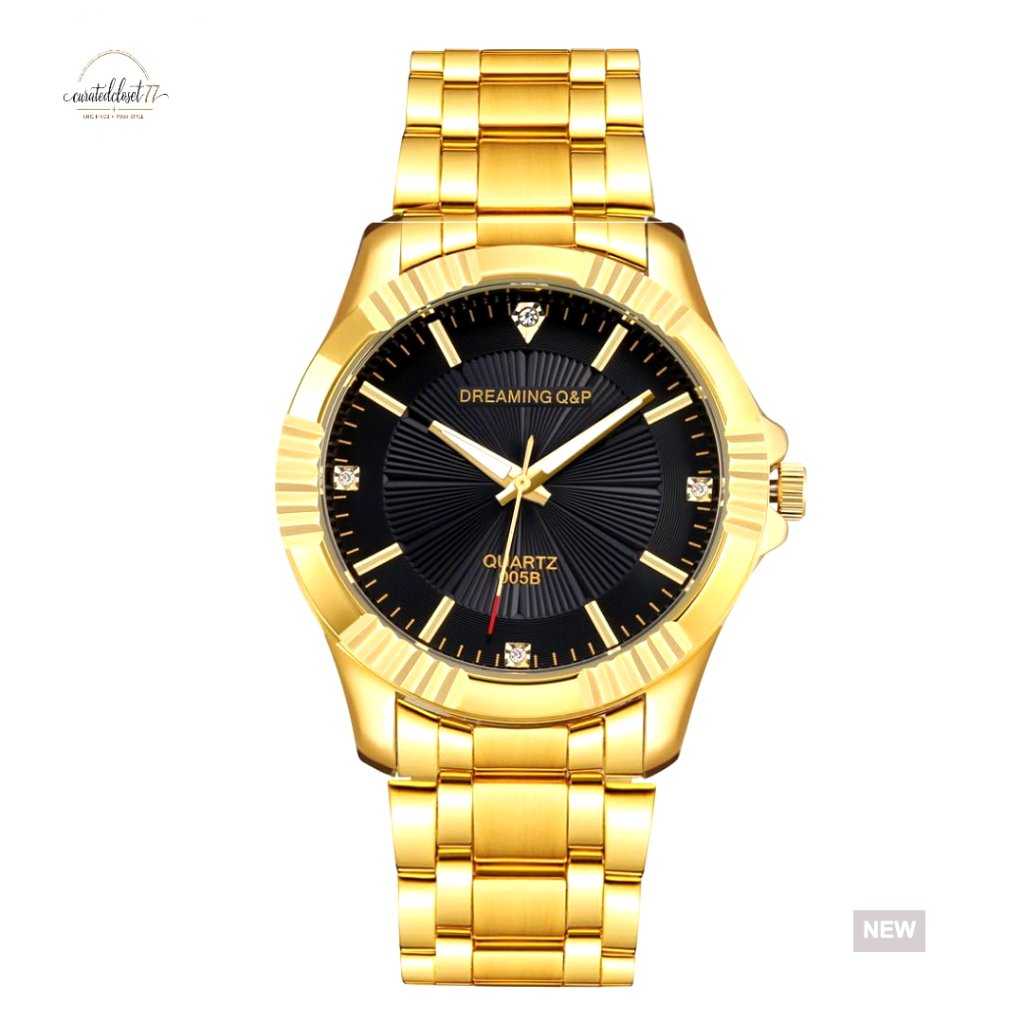 Gold Stainless Steel Men's Luxury Quartz Watch With Crystals Classic Style